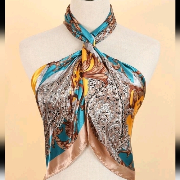 💖 2/$30 Square Satin oversized boho Floral blue paisley Old Money hair Scarf - Picture 6 of 16